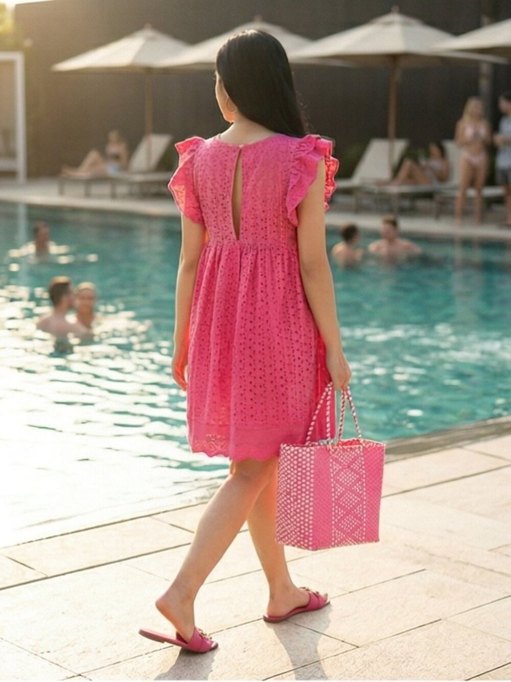Pink Eyelet Embroidered Babydoll Dress With Built-In Shorts - Picture 7 of 7
